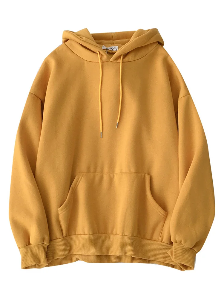 

Yeeloca Plush Thickened Fashion Hooded Sweatershirt Spring New Solid Ten Colors Pullovers Fleece Loose Trend Top