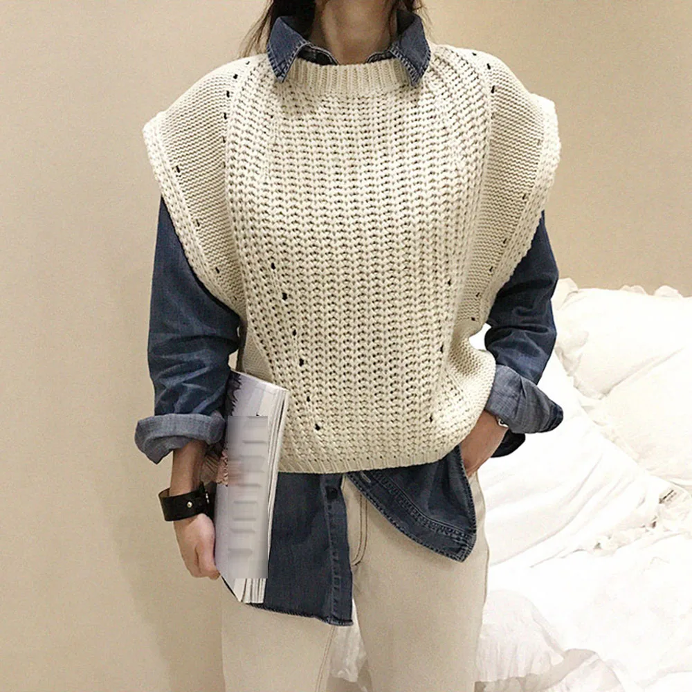 

Autumn Women Fashion Knits Sweaters Non-sleeve Pullover Loose Solid Patchwork Hollow Minimalism Short Female Sweater Vest