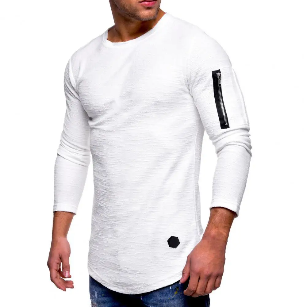

Мужская хлопковая футболка для бодибилдинга со складной молнией и круглым вырезом, однотонная мужская футболка с длинным рукавом, легкая т...