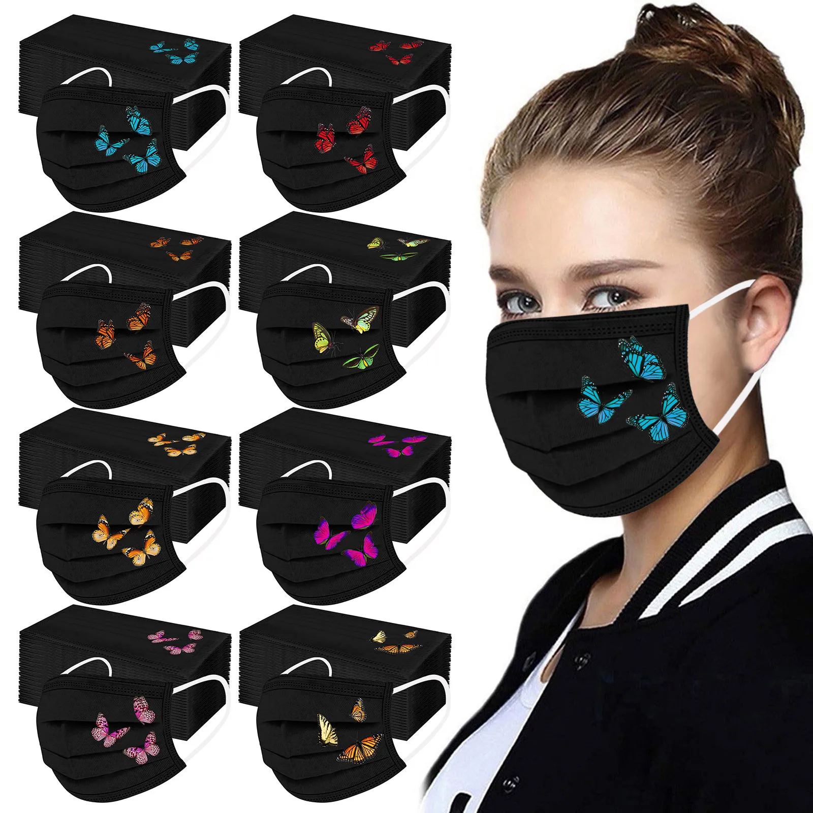 

50 шт. одноразовая Нетканая 3-слойная маска с фильтром и принтом бабочки для женщин и мужчин маска для рта для взрослых дышащая черная маска д...