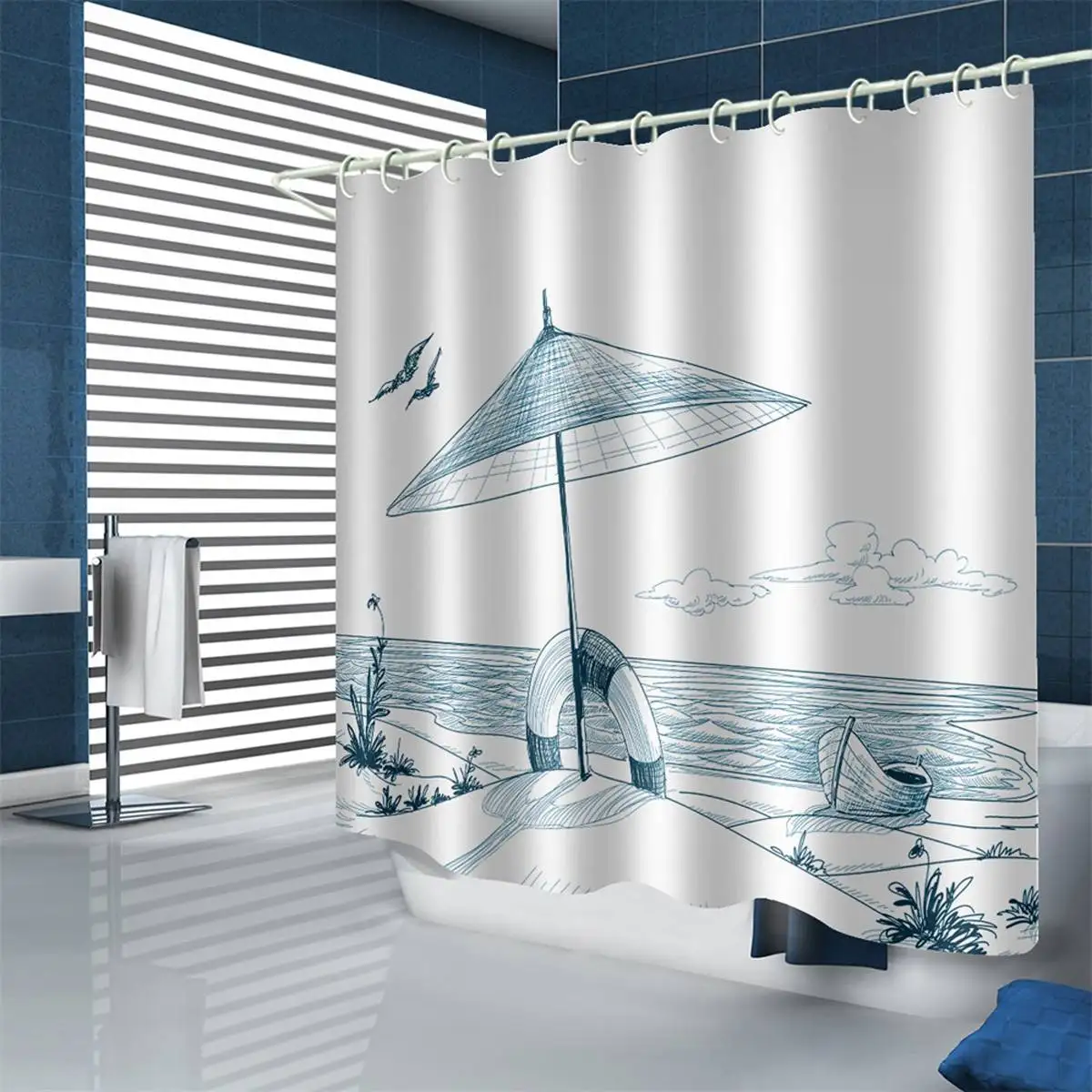 

sunny beach 3D shower curtain Toilet Polyester Fabric Cover Mat Hooks PVC Home Decor Bohemian Striped Shower Curtain
