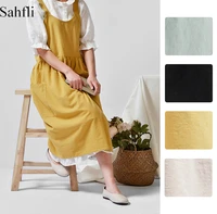 korean style aprons sleeveless solid color cross bandage cotton fauxlinen blend apron dress with pockets kitchen cooking clothes