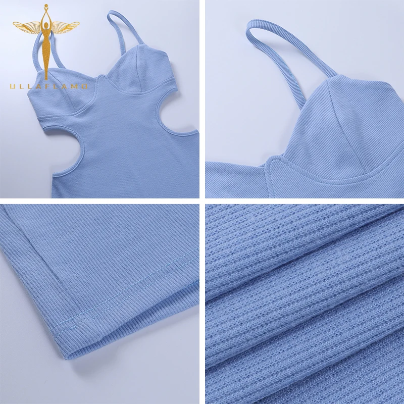 

Solid Hollowed Dresses Low-Cut V-Neck Women Dress Knitted Ribbed Sling Dresses Open Back Female Strap Dress Clubwear Clothings