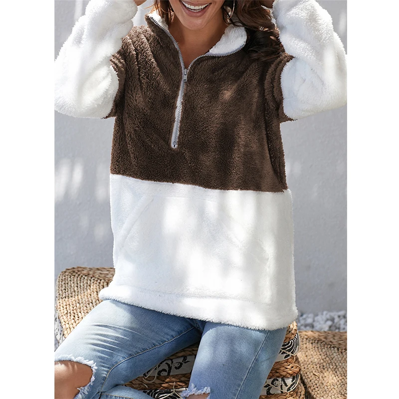 

Women's Sweatshirt Autumn Winter Patchwork Thermal Zipper Plush Hoodie Casual Pocket Turtleneck Pullover Fleece Jacket 2021 New