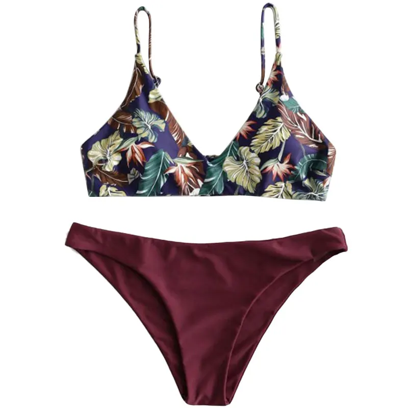 Топ с принтом листьев и однотонная нижняя часть комплект бикини сексуальный из 2