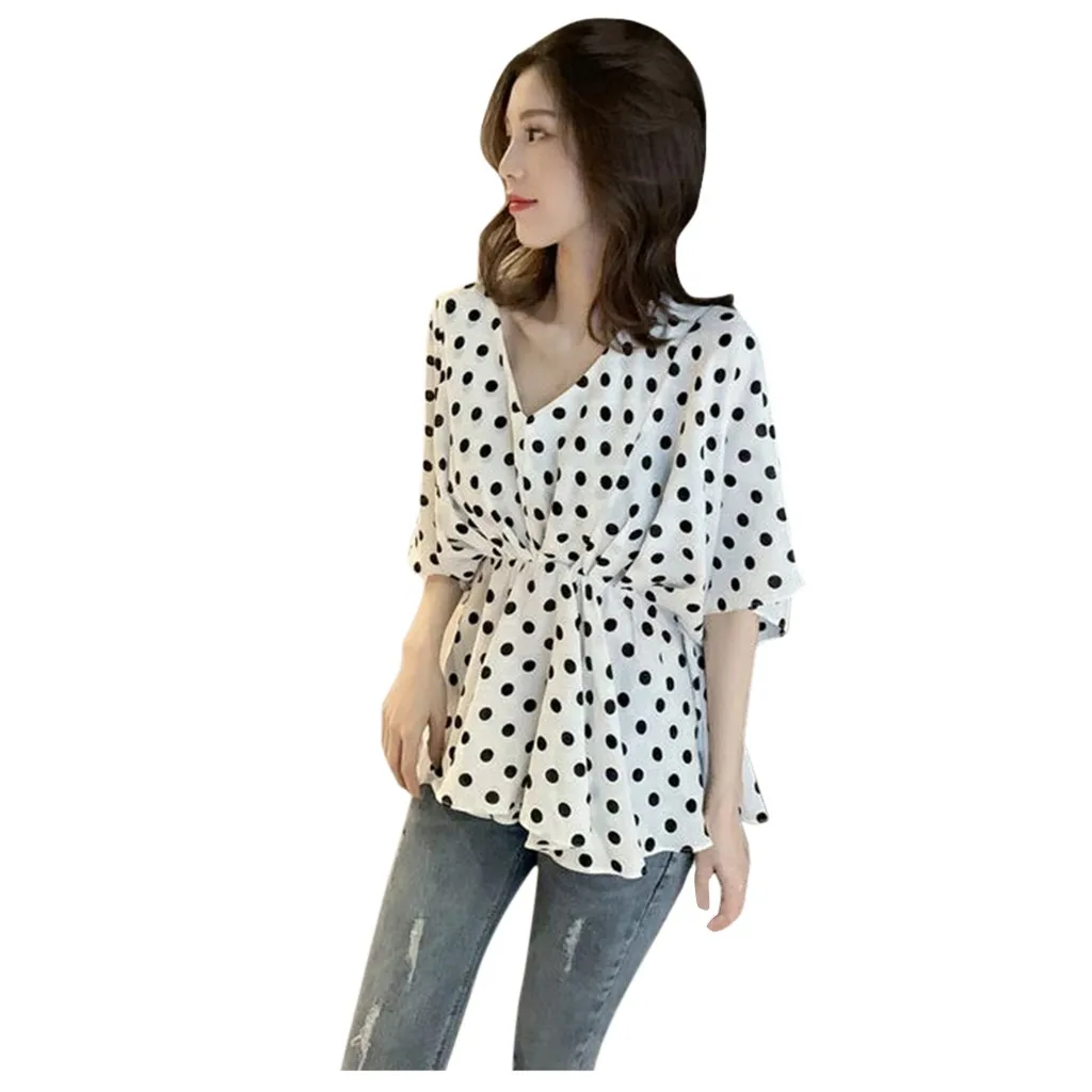 Женская милая стильная блузка в горошек с коротким рукавом летняя рубашка для