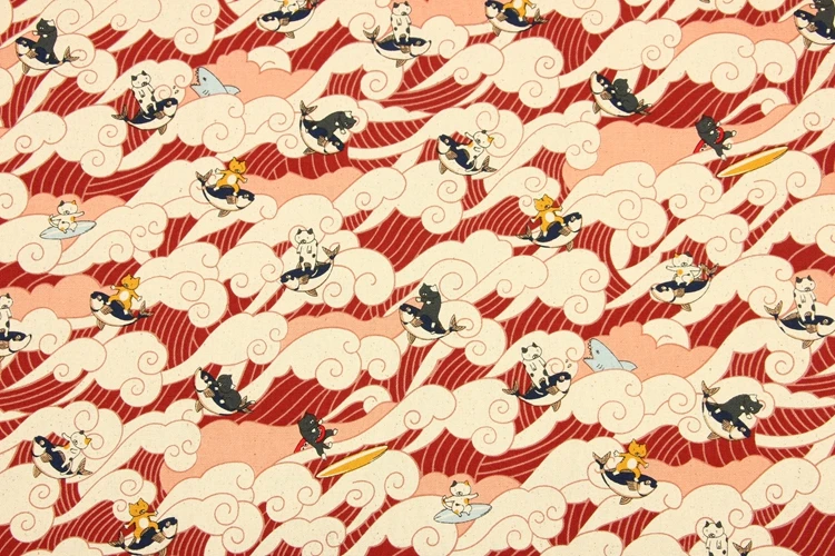 Japan Syle Cotton Fabric for Cushion Cover/Table Cloth Ocean Wave Kitten Prints DIY Handbag/Dress Sewing | Дом и сад