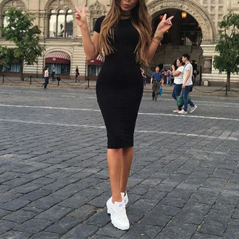 2019 летнее горячее женское тонкое платье с коротким рукавом облегающее круглым