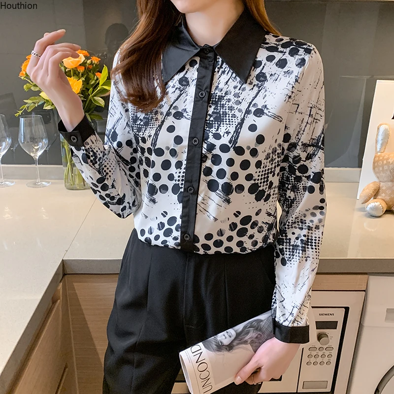 

Chiffon Women's Blouse Polo Girl's Shirt Summer Fashion Plus Size Long Sleeve Top Print Loose Casual Lady Blusas Houthion