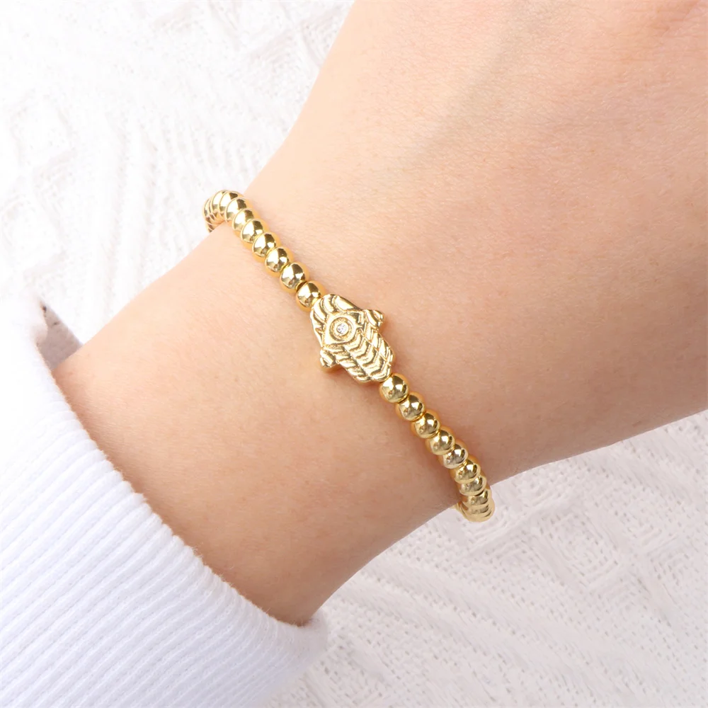 

Fashion White Zircon Bracelets For Women Vintage High-quality Copper Gold Plated Metal Beaded Evil Eye Palm Bracelet Jewelry