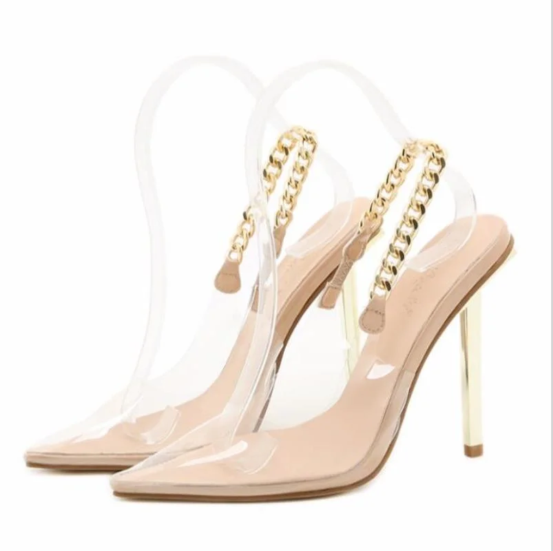 

Transparent Pumps Women Sexy Pointed Toe Chain Design Crystal Heel Ladies Shoes Stiletto High Heels Wedding Dress Shoes Woman