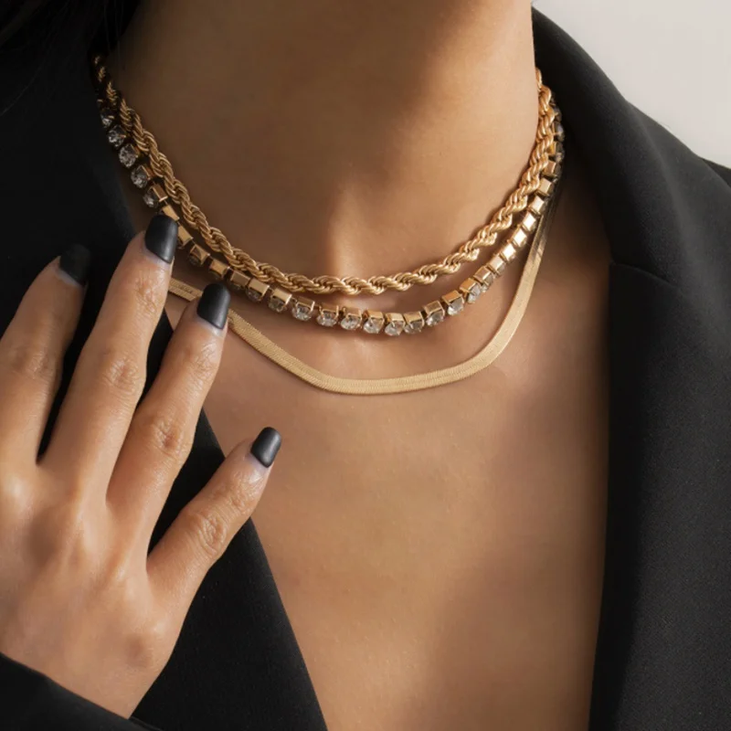 

18K Gold Necklace Lady Necklace Diamond Necklace/Twist Chain/Snake Bone Chain Set Fashion 3PCS/Set Necklace Party Jewelry Gift