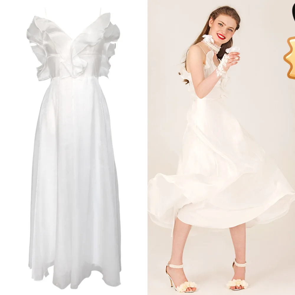 

Summer Sexy White Long Maxi Dress Elegant Organza A-line Ruffle Pretty Bridesmaid For Wedding Party Guest Dress