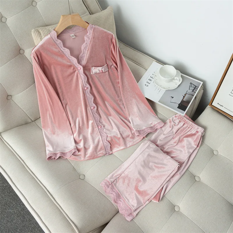 

Autumn Winter V-neck Long Sleeve Sleepwear Trouser Suits Velour Women Pajamas Solid Blue Loose Casual Home Clothes Lounge Wear
