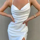 Женское леопардовое атласное платье, белое длинное вечернее платье на бретелях-спагетти, с открытой спиной и высоким разрезом сбоку, элегантное облегающее платье миди