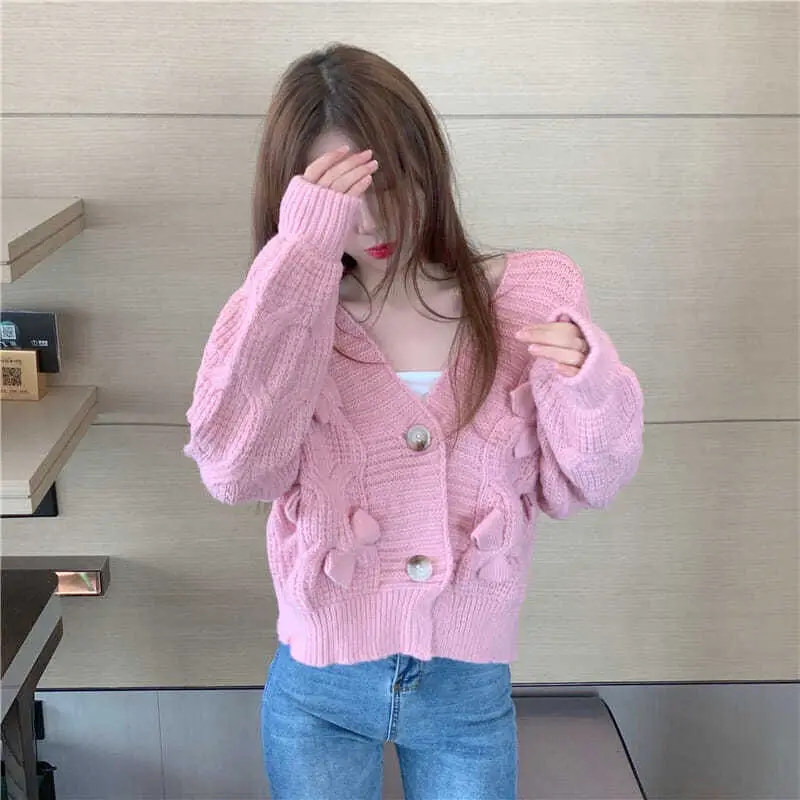 

2021 Women Autumn New Knitted Cardigan Casual V-Neck Long Sleeve Sweater Female Loose Short Solid Color Jumpers Cardigans Q833