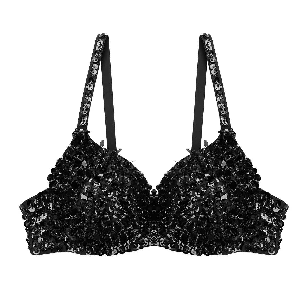 TiaoBug Women Adjustable Straps Shiny Sequins Beading Padded Bra Tops Festival Rave Performance Club Wear Belly Dance Costume |