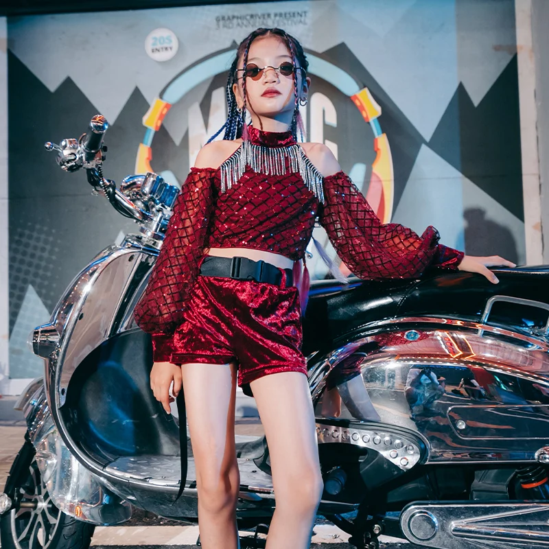 

Fringe Jazz Dancewear Girls Cheerleader Costume Red Dancer Outfit Hip-Hop Street Clothes Stage Costume Fashion Clothes DL8629