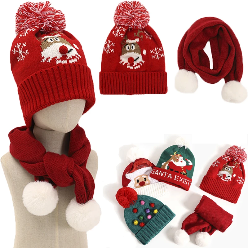 2021 Детские Рождественские шапки-бини с мультяшным Милу оленем, шарфы, зимние теплые детские шапочки, шапки, Рождественское украшение
