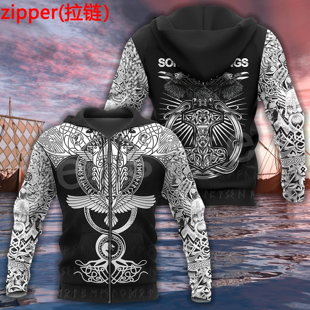 

Viking Warrior God Odin Tattoo Symbol Fashion Autumn Hoodies Trucksuit Pullover Casual 3D Printed Men For Women Zipper Hoodies