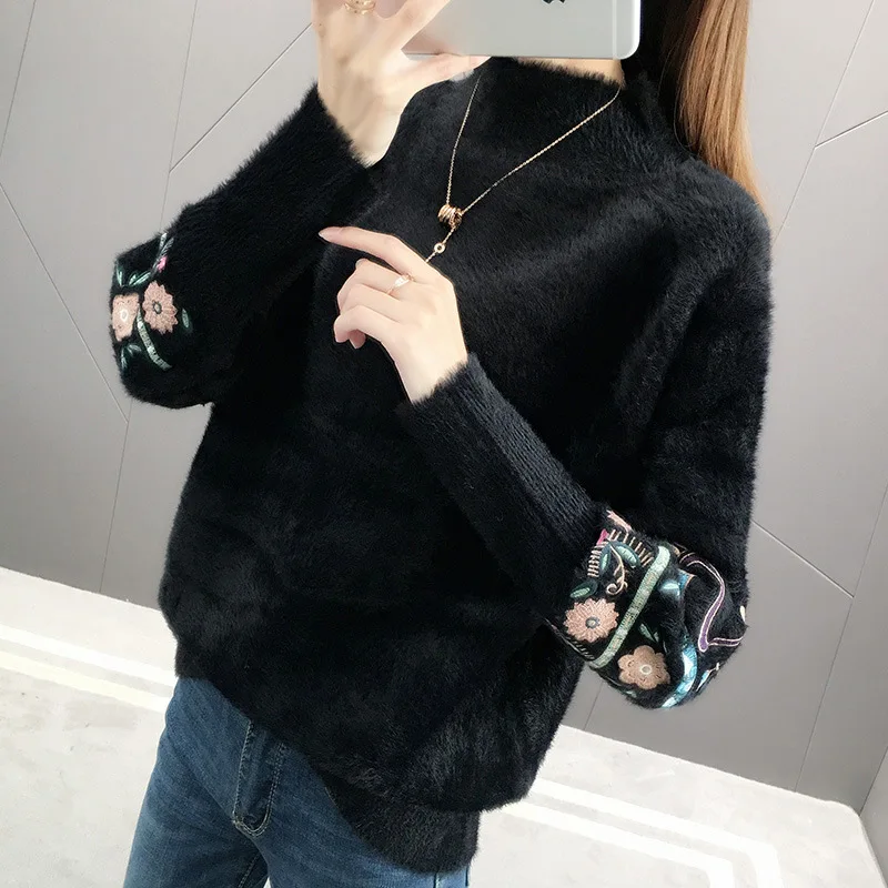 Новинка 2019 Зимний пуловер с вышивкой свитера женские бархатные вязаные из норки
