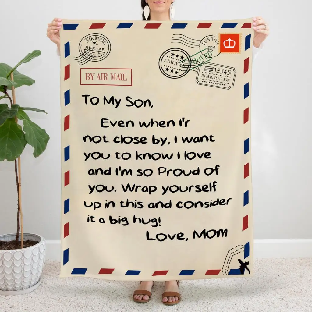 

To Son From Mom Blanket Coral Fleece Plush Autumn/Winter Air Mail Gifts Letter Soft Throw Blankets for Home Couch Rug Piece