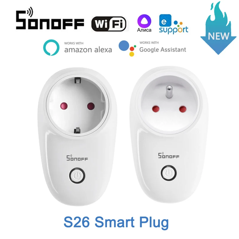 SONOFF-enchufe inteligente S26 R2, enchufe inalámbrico con WiFi, UE/FR, alimentación eWelink, para Alexa, Google, yandex, alice, smartthings