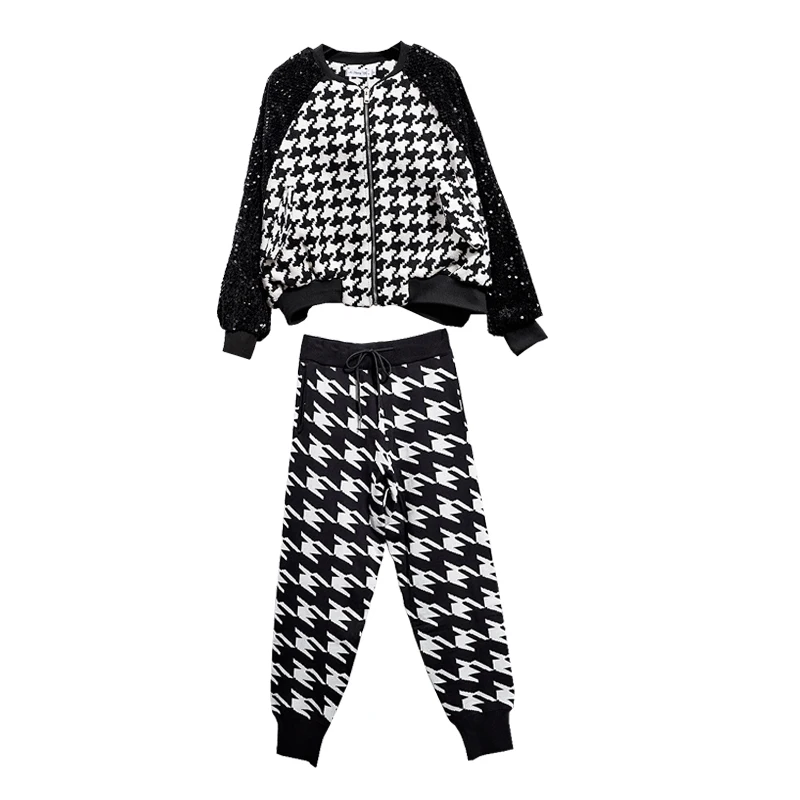 

Female Autumn Winter Plus Cotton Thick Suit Plaid Sequin Baseball Uniform Jacket Knitted Harem Pants Women New Two-Piece Sets