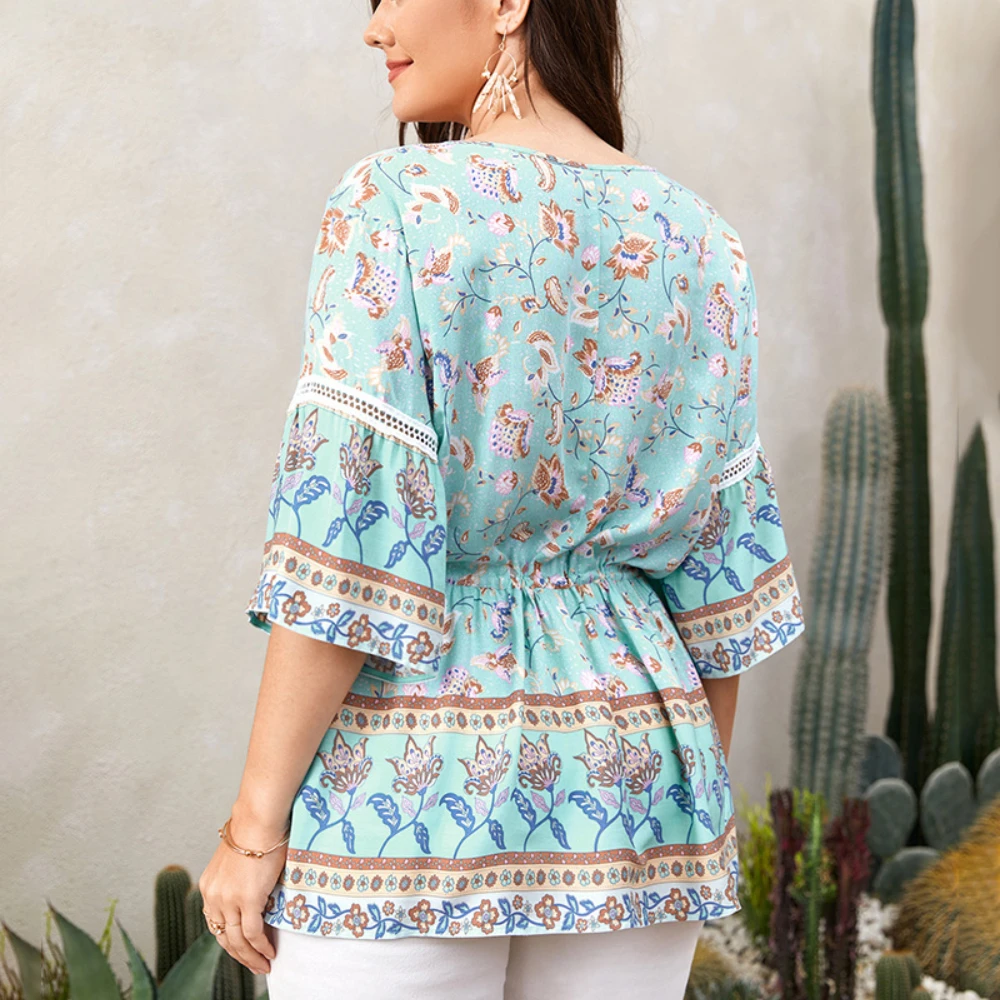 

2021 New Women Fashion Summer Half Sleeve Print V-Neck Casual Top Blouse Belt Shirt Lady Plus Size Tops Beach Batwing Sleeve