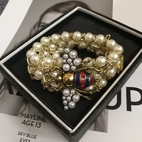 luxury handmade elastic crystal bee pearl statement bracelet for women jewelry