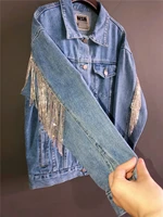 loose denim coat for women light blue color washing tassel chain bling rhinestone shiny long sleeve jean jackets outwears
