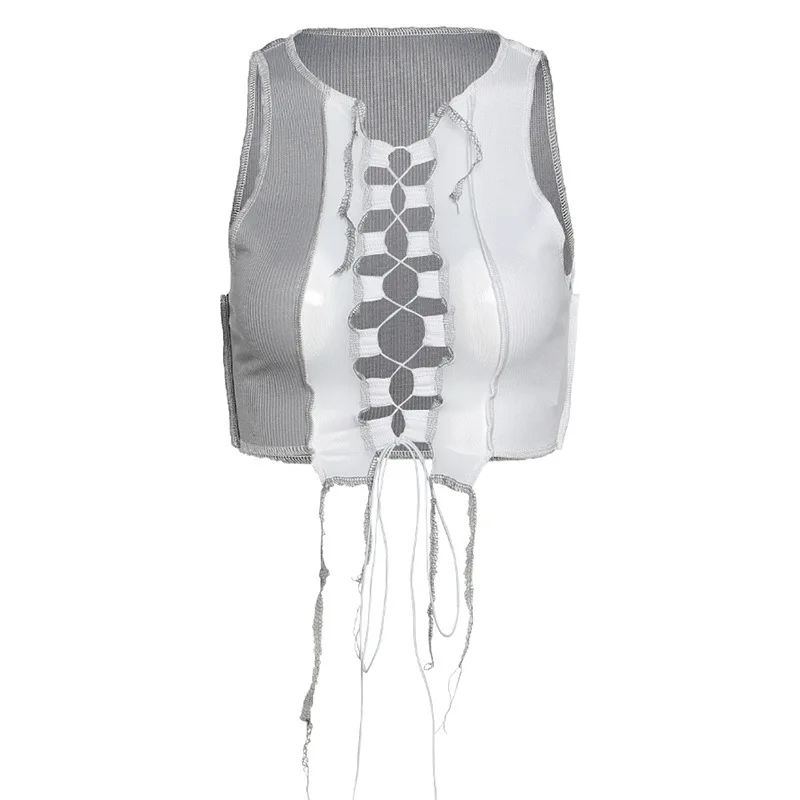 

Holes Cut-Out Tassel Crop Top Summer Fashion Patchwork Mesh Fabric Tees Gothic Activity Slim Sleeveless T Shirt Y2k Aesthetic #1