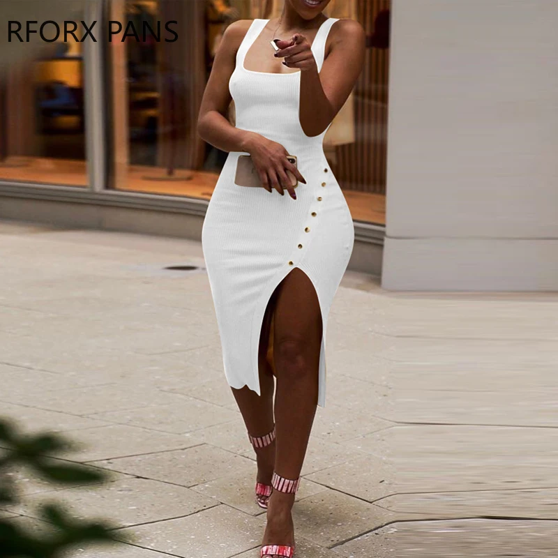 

Женское однотонное обтягивающее платье на бретельках с высоким разрезом вечерние сексуальное платье