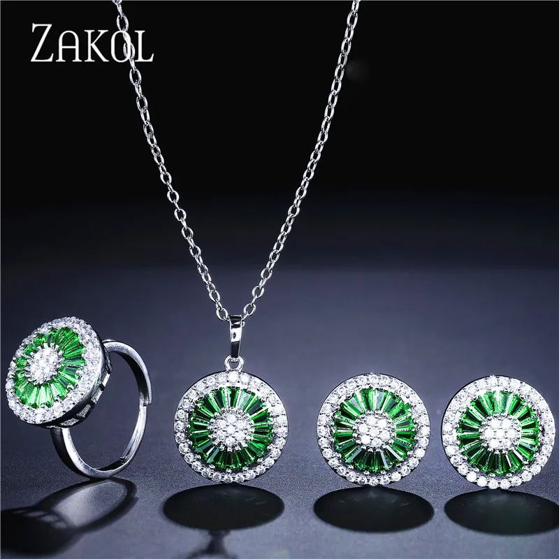 Green 3 Pcs Set ZAKOL высокое качество CZ Кристалл Женская мода ювелирные изделия блестящий круглый кубический циркон ожерелье серьги кольцо ювелирные изделия для невесты набор FSSP2013 - Окраска металла: Green 3 Pcs Set