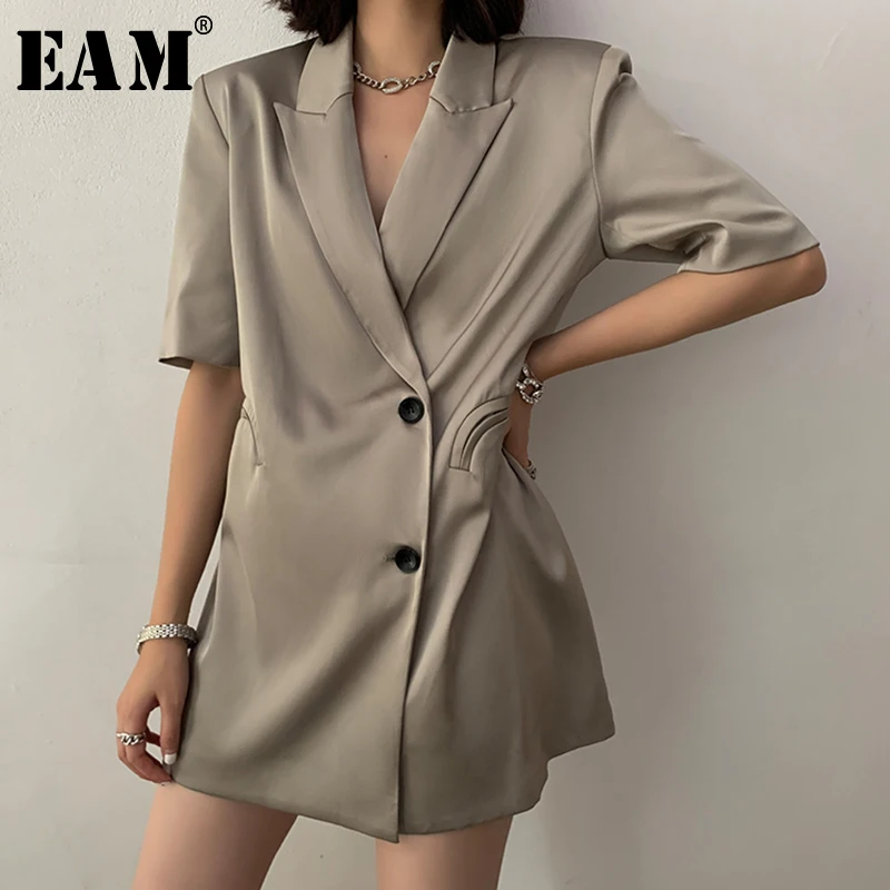 

[EAM] Women White Brief Big Size Thin Blazer New Lapel Half Sleeve Loose Fit Jacket Fashion Tide Spring Summer 2022 1Y5290