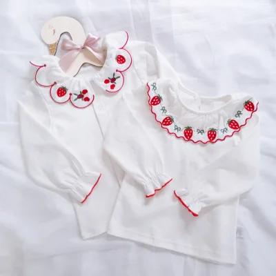 

Spring Autumn Children Cotton T-shirt Baby Girls Long Sleeve Cute Flower Cartoon Strawberry Blouse 1-6 Years Embroidery Blouses