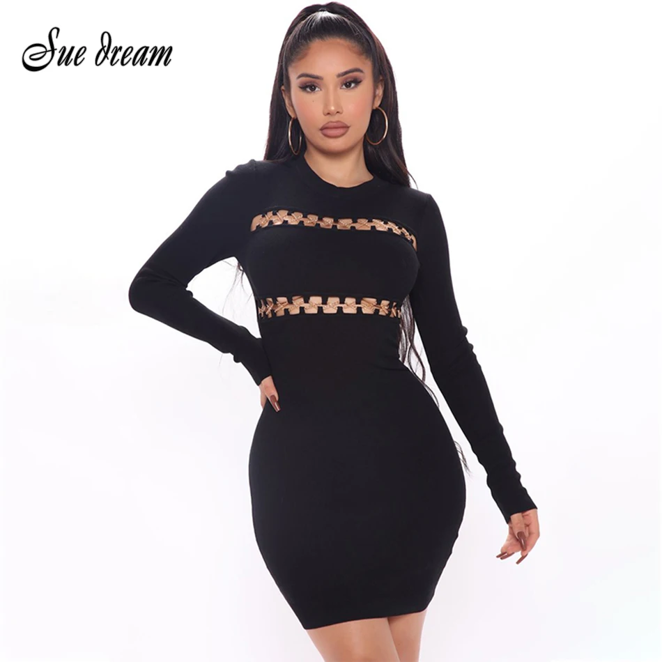 

2021 New Summer Sexy O-neck Hollow Metal Chain Long Sleeve Bodycon Bandage Dress Fashion Celebrity Club Party Mini Dress Vestido