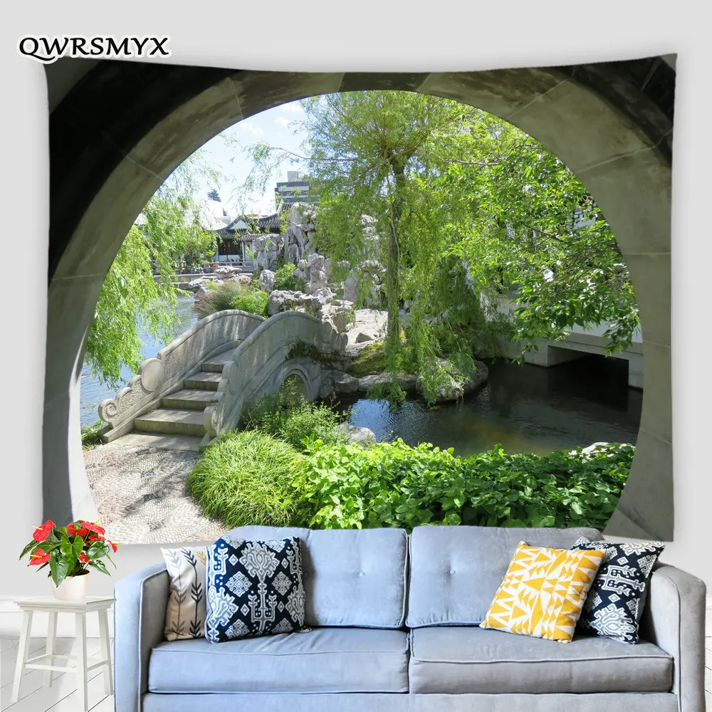 

Arch Stone Bridge Green Forest Garden Scenery Tapestry Landscape Wall Hanging Living Room Bedroom Dorm Decor Wall Tapestries