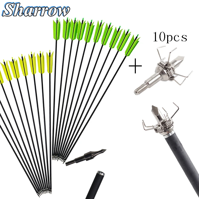 

10pcs ID6.2 Hunting Arrowheads+10pcs ID6.2 Spine 400 Carbon Arrows 31inch Turkey Feather Compound Bow Recurve Crossbow Hunting