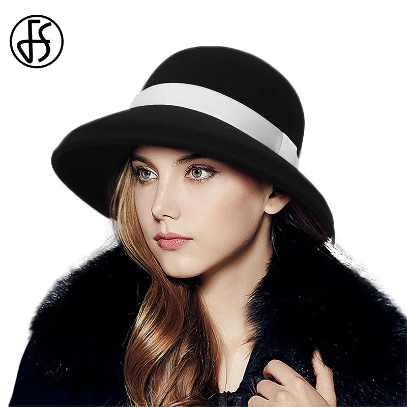 Женская фетровая шляпка котелок FS из 100% шерсти с лентой черного и серого цвета