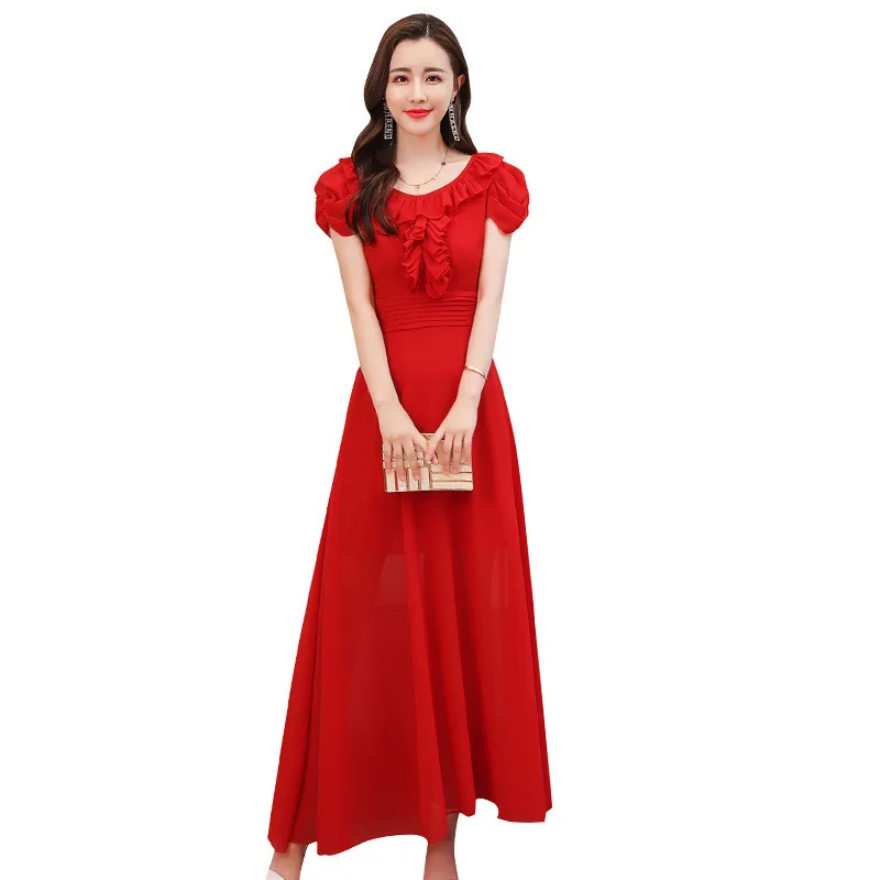 

dress for women long summer 2020 new Korean dress Slim young lady short sleeve dress elegant fashion over the knee chiffon