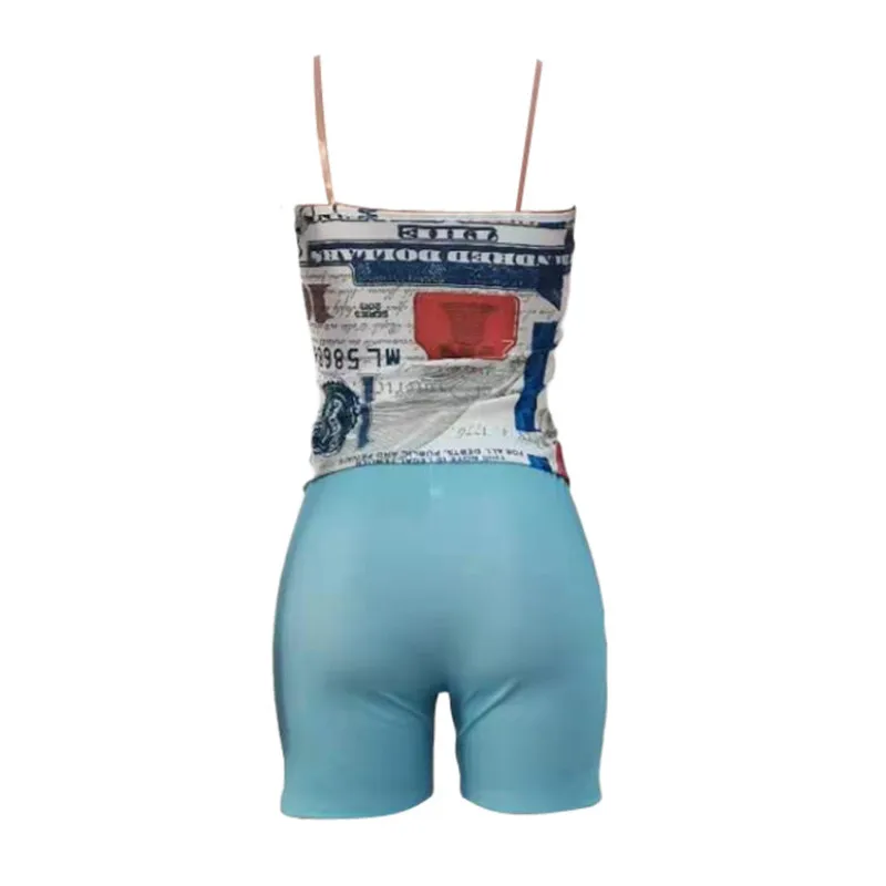 

2Pcs Women Summer Outfit, Printing Sleeveless Backless Strappy Tank Tops + Solid Color Tight Shorts for Girls 2021