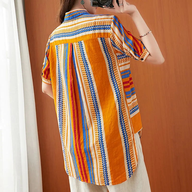 

Oversized Women Cotton Linen Casual Shirts New 2021 Summer Simple Style Vintage Striped All-match Loose Female Tops S3030