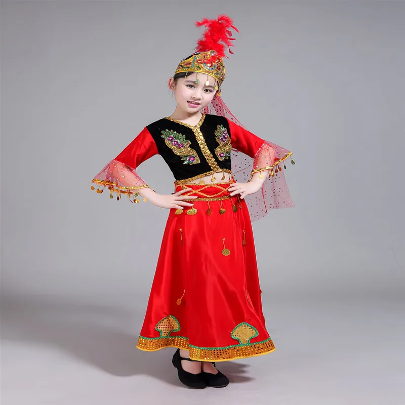 Красный Синьцзян уйгурские этнические танцевальные костюмы для девочек