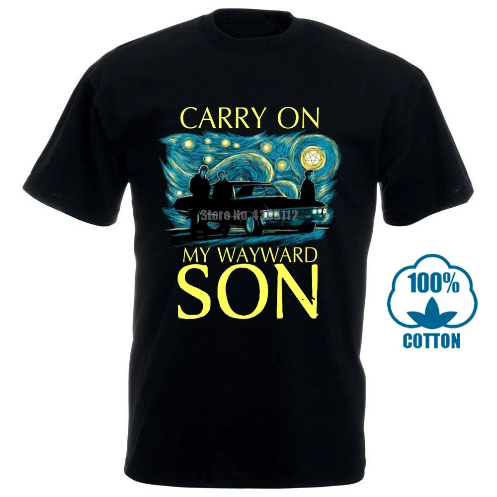 Сверхъестественная футболка с надписью Carry On My Wayward Son Starry Night черная Хлопковая