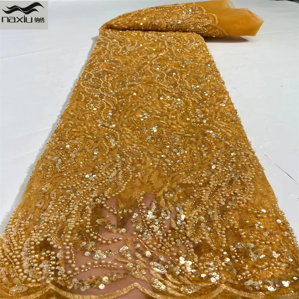 

Madison Gold African Handmade Beaded Lace Fabric 2022 High Quality Lace Nigerian French Net Lace Tulle Mesh Fabrics For Wedding