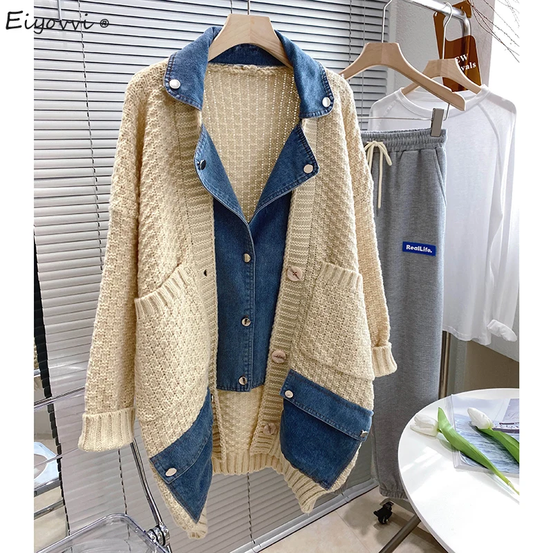 Женская джинсовая куртка в стиле пэчворк Свободный вязаный жакет большого