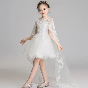 Белое кружевное платье с цветочным рисунком для девочек, длинное вечернее платье со шлейфом для торжества, на свадьбу, для маленьких девочек, вечернее платье принцессы для причастия