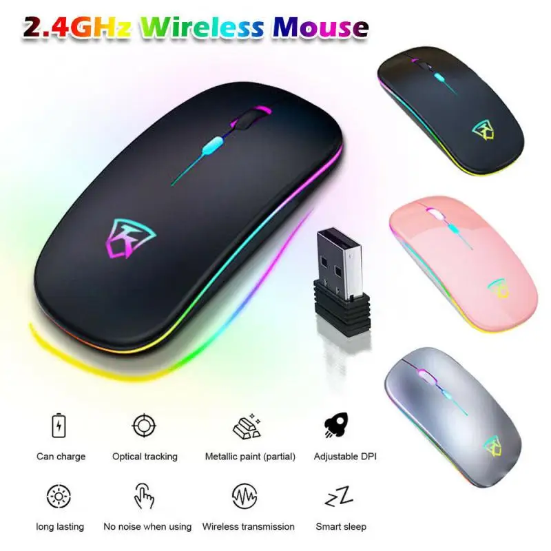 

Wireless Mouse With USB Receiver Ultra Slim 2.4GHz Optical Mouse 1600dpi USB Rechargeable Wireless For PC Laptop Silent keys