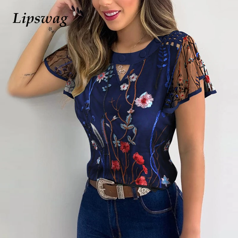 Блузка женская с коротким рукавом и круглым вырезом элегантная Однотонная